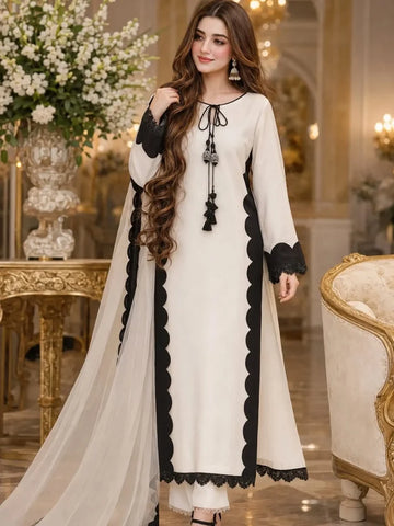 Styllish Viral Insta 3 Pcs Suit (White)