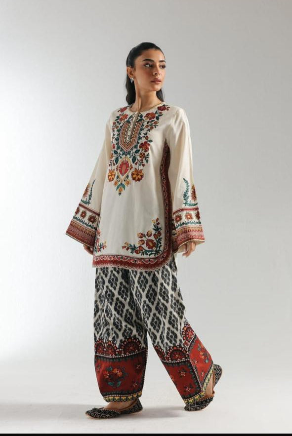 Woman wearing a traditional outfit with embroidered top and patterned pants on a white background